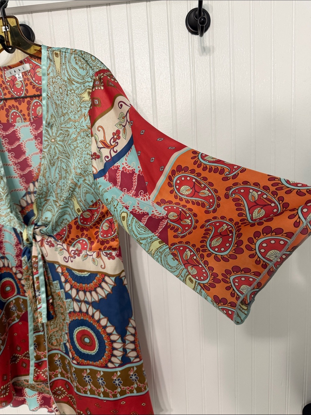 CAbi Colorful Paisley Patchwork Tunic Cardigan BOHO Satin Trim EUC - Picture 3 of 4